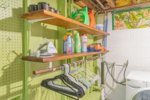 a green cabinet with a bunch of cleaning products on it at Taku's Contemporary & Stylish Private Retreat in Fairbanks +83 photos