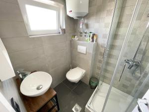 a small bathroom with a toilet and a shower at Apartmani Tanja in Dramalj +25 photos