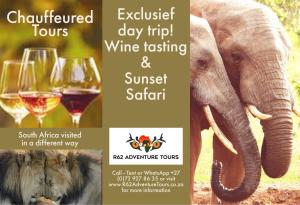 an advertisement for wine tasting and sunset safari with an elephant and wine glasses at Mountain View Eco Lodge Montagu in Montagu