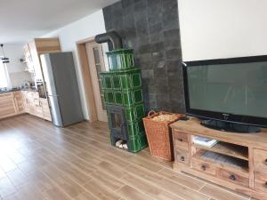 a living room with a flat screen tv and a fireplace at ChataTrucovna, wellnes in Lipova Lazne +15 photos
