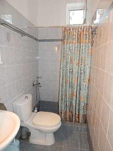 a bathroom with a toilet and a shower curtain at Kamares View in Ayeranós