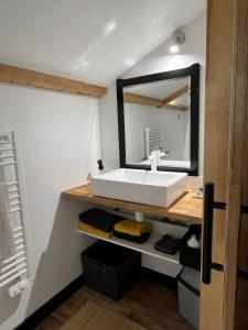 a bathroom with a sink and a mirror at Le Studio des Gîtes Aérostier in La Roque-Gageac