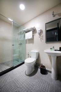 庫塔伊西的住宿－Hotel InnDigo in Kutaisi，带淋浴、卫生间和盥洗盆的浴室