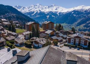 an aerial view of a town with snow covered mountains at Senator 129 in Verbier