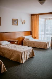 a hotel room with two beds and a window at Apartamenty Gala in Sułkowice