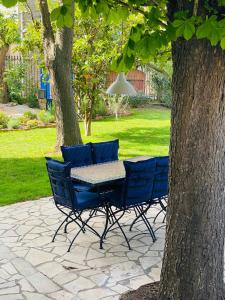 una mesa y sillas sentadas junto a un árbol en Maison du Midi, 2 Gîtes de charme en Ginestas