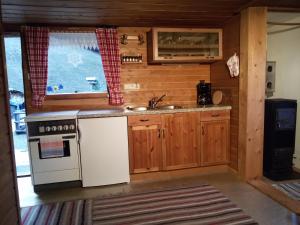 eine Küche mit einem Herd, einem Waschbecken und einem Fenster in der Unterkunft Berghütte Graslehn in Jerzens