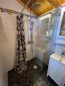 ein Bad mit einer Dusche und einem Waschbecken in der Unterkunft StugaNäraKungsberget - mysig stuga med kamin, grillkåta och vedbastu in Ockelbo