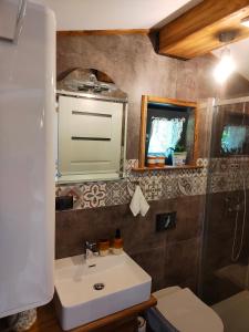 W łazience znajduje się umywalka, toaleta i lustro. w obiekcie Willa Pod Bukami w Wiśle