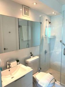 La salle de bains est pourvue d'un lavabo, de toilettes et d'une douche. dans l'établissement KASA Terrace Studio Breathtaking Ocean Views, à San Juan