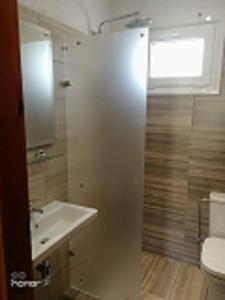 a bathroom with a sink and a toilet and a window at Villa ALEXIS in Koukounaries