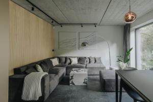 a living room with a couch and a table at Apartamenty HEYER in Łódź