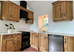 a kitchen with wooden cabinets and a black dishwasher at Roberts Yard Country Cottage in Kilkenny