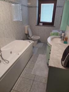 a bathroom with a tub and a toilet and a sink at Maison Magicien in Oyace