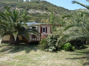 a small house with a palm tree in front of a mountain at Camping Mobile Home U sole marinu in Patrimonio
