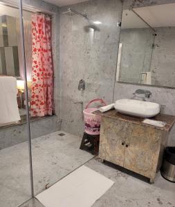 W łazience znajduje się umywalka i prysznic. w obiekcie Solitude, The Boutique Hotel w mieście Haldwani