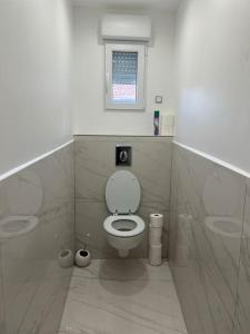 a bathroom with a toilet and a window at Joli appartement in Blanzy