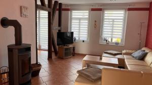 a living room with a couch and a wood stove at Ferienwohnung am Bodetal mit Wallbox für E-Auto in Thale