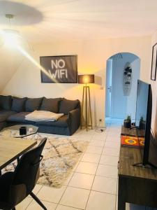 ein Wohnzimmer mit einem Sofa und einem TV in der Unterkunft Charmant appartement 2 pièces Mundolsheim in Mundolsheim