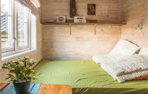 a small room with a green bed with a window at Nice Home In Roan With Kitchen 