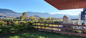 a fence in a vineyard with mountains in the background at Prima View in Karpacz