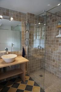 a bathroom with a sink and a shower at La Maison du Gardien, Chateau de lAvenue in Pierrefitte-en-Auge