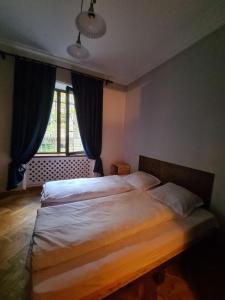 1 dormitorio con 2 camas y ventana en Benevo Hostel en Tiflis