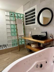 a bathroom with a bath tub and a mirror at La kazanou in Saint-Joseph