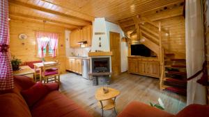 a living room with a couch and a fireplace in a cabin at Chalet House Olga in Crni Lug
