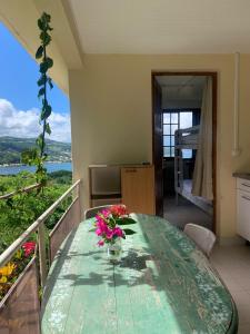 una mesa verde con flores en la parte superior de un balcón en Top Hill appartements et dortoir - Martinique, en La Trinité