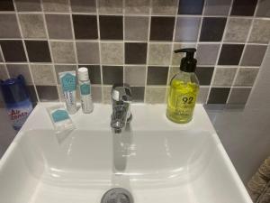 lavabo en el baño con una botella de enjuague bucal y jabón en Heath Villa - private room, en Port Elizabeth
