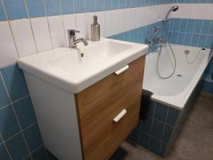 a bathroom with a white sink and a shower at Gruga Apartment an der Messe in Essen