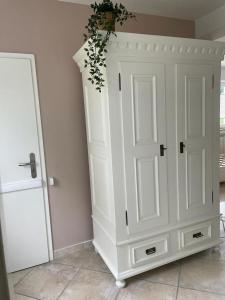 a white cabinet with a plant on top of it at Ideale Unterkunft in Düsseldorf-Nord in Düsseldorf