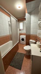 La salle de bains est pourvue de toilettes, d'une douche et d'un lavabo. dans l'établissement Pokoje w Gołdapi, à Gołdap
