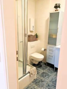 uma casa de banho com um WC, um lavatório e um espelho. em Qonroom - as individual as you - Wulferdingsen em Bad Oeynhausen