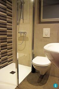 a bathroom with a shower and a toilet and a sink at L'Hôtel des Bords de L'ill in Erstein