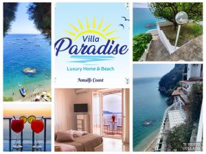 eine Collage mit Bildern des Ozeans und einem Villenparadies in der Unterkunft Villa Paradise (Amalfi Coast - Luxury Home - Beach) in Vietri