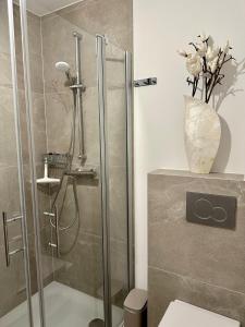 a bathroom with a shower with a vase of flowers at Meerblick Pelzerhaken in Neustadt in Holstein