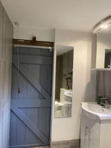 ein Badezimmer mit einer blauen Scheunentür und einem Waschbecken in der Unterkunft Cosy 1 bedroom country lodge with free parking in Watlington
