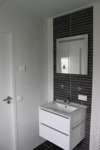 a bathroom with a white sink and a mirror at Mein-Mosel-Chalet-Haus-Birke in Koblenz +3 photos