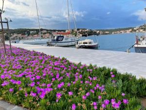 a bunch of purple flowers on a dock with boats at Apartment Ljubica Tisno in Tisno