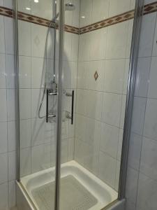 W łazience znajduje się prysznic ze szklanymi drzwiami. w obiekcie Tritt ein bring Glück herein - Exquisite 75 qm - Messenähe - Parkplatz - Flughafennähe w mieście Düsseldorf