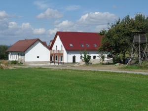 two white buildings with red roofs and a grass field at Hofbauer-Hof in Rastenfeld