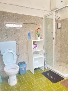 a bathroom with a toilet and a shower at Best Rooms- Quarto 2 Plateau in Praia