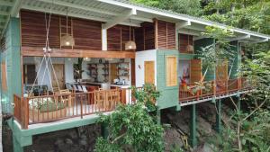 卡普迦納的住宿－Casa Galú - Capurganá，树林中带甲板的绿色房子