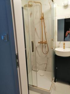 a bathroom with a shower and a sink at Apartament Kętrzyn in Kętrzyn