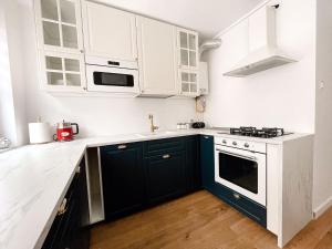 a kitchen with black cabinets and white appliances at Apartament Kętrzyn in Kętrzyn
