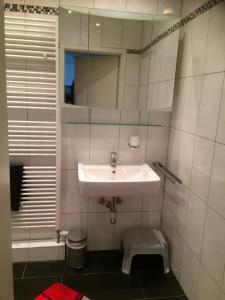 uma casa de banho com um lavatório e um espelho em Ferienhaus 251 in Burhave em Burhave