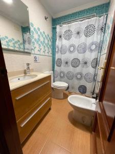 a bathroom with a sink and a toilet and a shower curtain at MARIÑIGUEZ APARTAMENT. in Jerez de la Frontera
