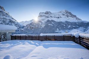 a snow covered balcony with a view of mountains at Hotel Kreuz & Post Grindelwald in Grindelwald